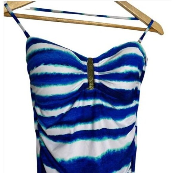 La Blanca One Piece White Blue Bandeau Cupped Ruched Swimsuit Size 10 - Picture 4 of 11